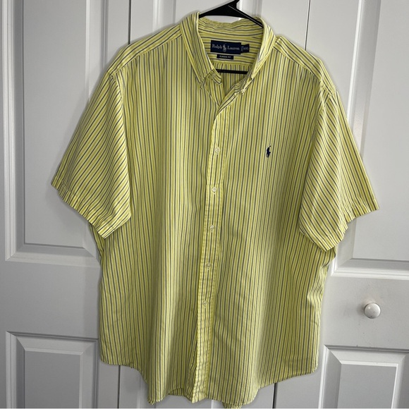 Ralph Lauren Yellow Blue Striped Button Down Size 2XL XXL Short Sleeve Cotton - Picture 1 of 5